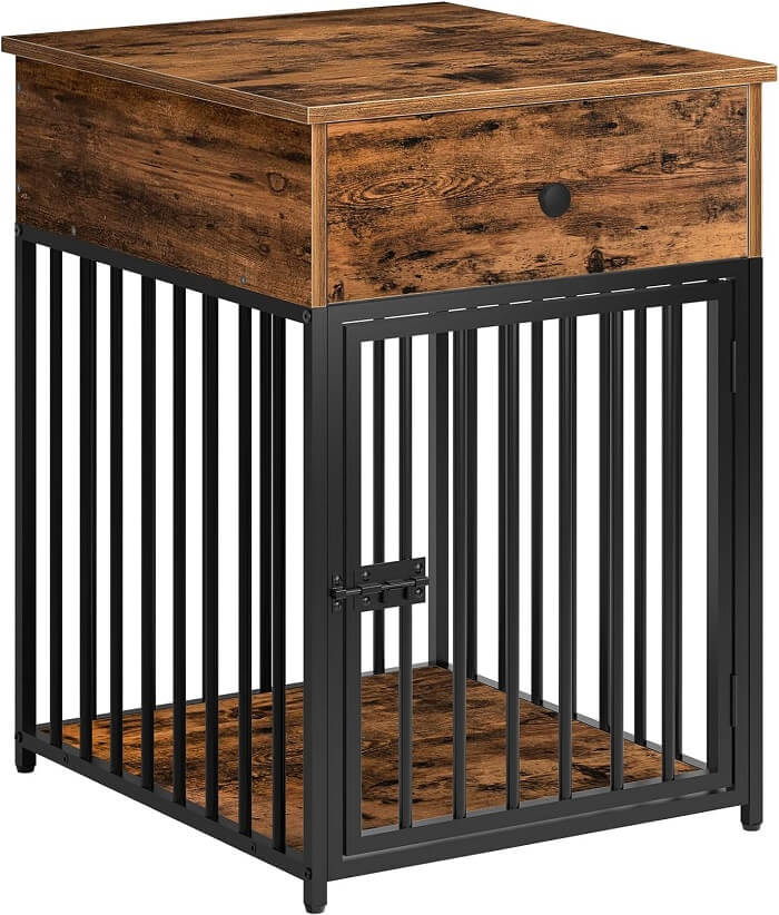 HOOBRO Dog Crate Furniture, Wooden Dog House, Decorative Dog Kennel with Drawer, Indoor Pet Crate End Table for Small Dog, Steel-Tube Dog Cage, Chew-Proof, Rustic Brown and Black BF01GW03.