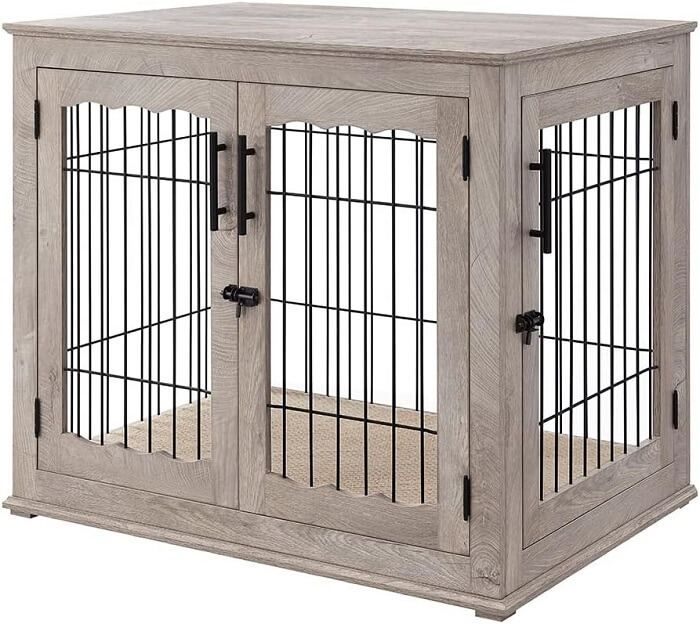 beeNbkks Furniture Style Dog Crate End Table, Double Doors Wooden Wire Dog Kennel with Pet Bed, Decorative Pet Crate Dog House Indoor Medium and Large (Large, Weathered Gray)