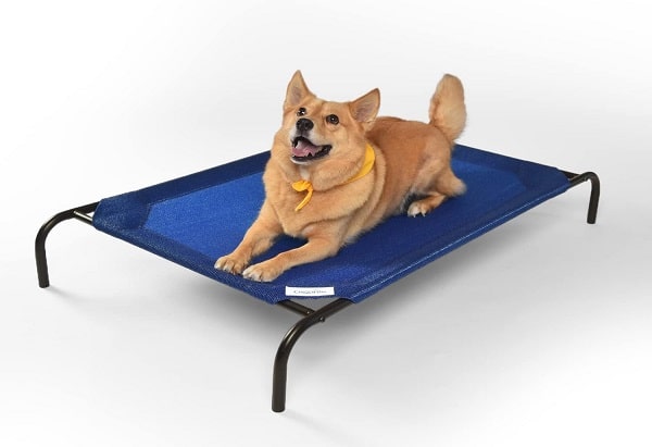 An elevated pet bed with breathable knitted fabric