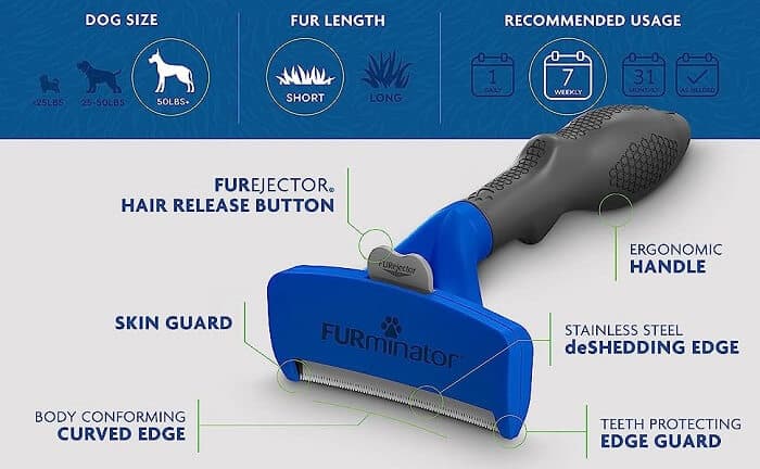 A blue FURminator undercoat deshedding tool for dogs, designed to remove loose hair and combat dog shedding.