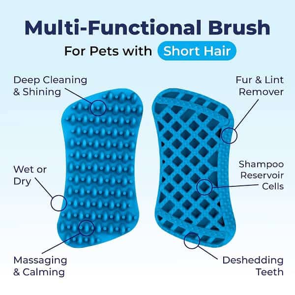 A Furbliss brush designed for small dogs, cats, and pets with short hair, a multi-functional wet or dry silicone brush for grooming, bathing, massaging, and deshedding.