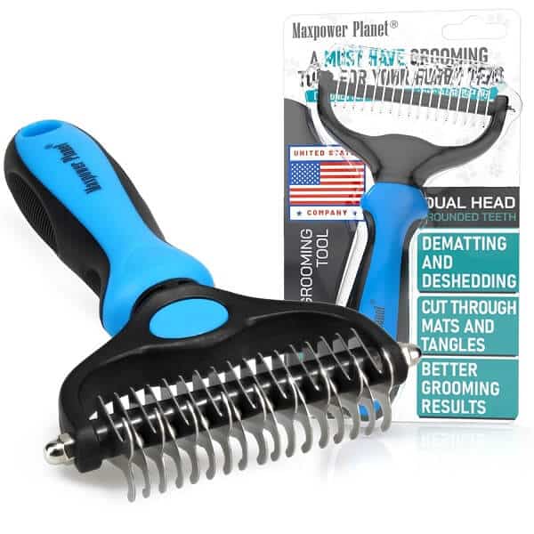 A blue Maxpower Planet Pet Grooming Brush, double-sided for shedding and dematting, designed for dogs and cats to reduce shedding by 95%.