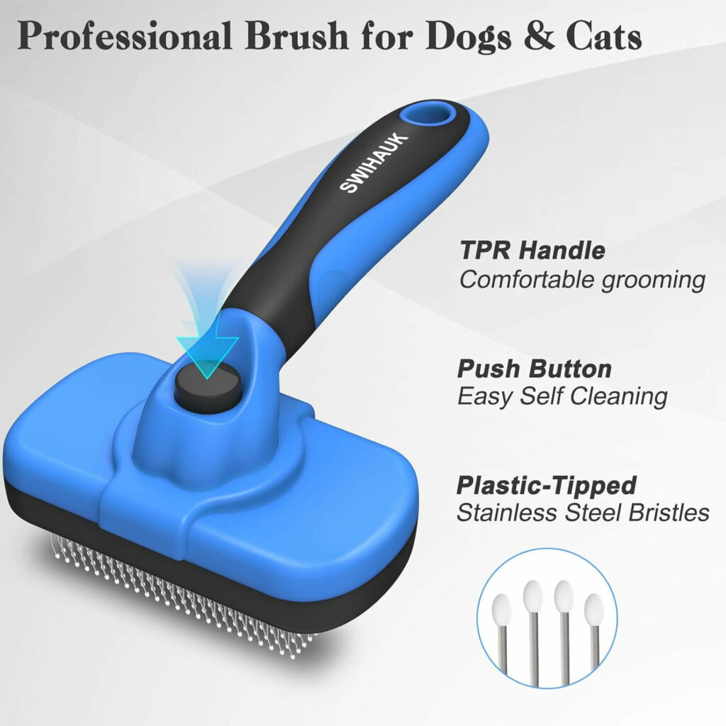 A Swihauk self-cleaning slicker brush for dogs and cats, a skin-friendly grooming tool perfect for shedding and deshedding.