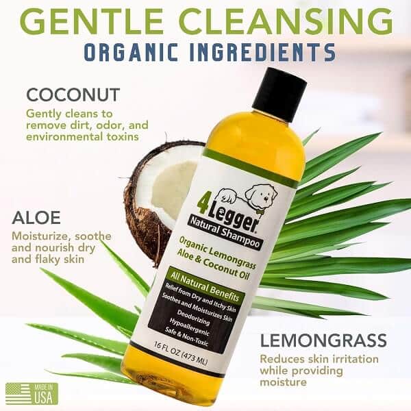 Bottle of 4-Legger Certified Organic Dog Shampoo with lemongrass and aloe on a clean background