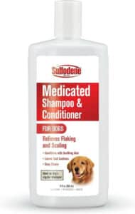 Bottle of Farnam Sulfodene Medicated Shampoo & Conditioner for Dogs against a clean backdrop