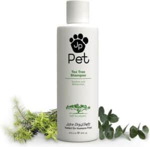 Bottle of John Paul Pet Australian Tea Tree and Eucalyptus Oil Shampoo with soothing botanical extracts