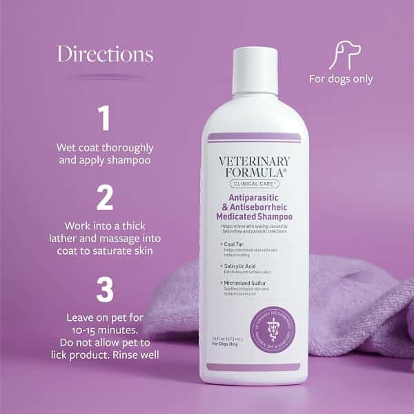 Bottle of Veterinary Formula Clinical Care Antiparasitic & Antiseborrheic Medicated Dog Shampoo with soothing oatmeal formula