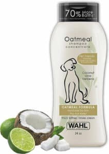 Bottle of Wahl USA Dry Skin & Itch Relief Pet Shampoo with oatmeal formula and coconut lime verbena scent