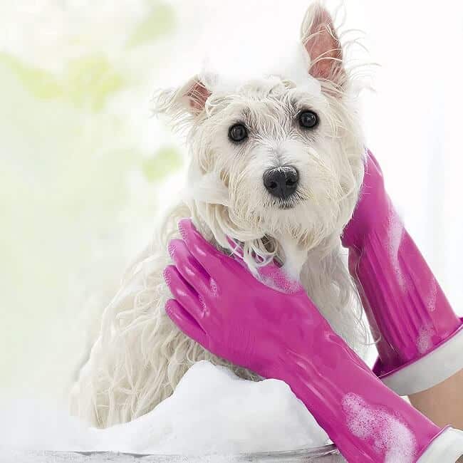Pair of pink Playtex Living rubber cleaning gloves on a white surface
