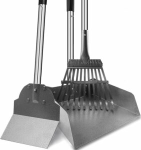 Three adjustable long handle dog poop scoopers with metal tray, rake, and spade for efficient pet waste removal.