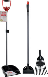 A pet cleanup tool with a plastic traypan - Nature’s Miracle 2-in-1 Rake N’ Spade With Pan.
