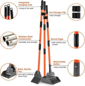 A heavy-duty dog poop scooper with detachable long handle, metal rake, tray, and spade from ROIUBPO.