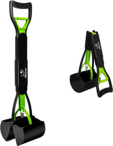 A green, foldable SZHLUX 28" Pooper Scooper with unbreakable material and durable spring for use on grass and gravel.