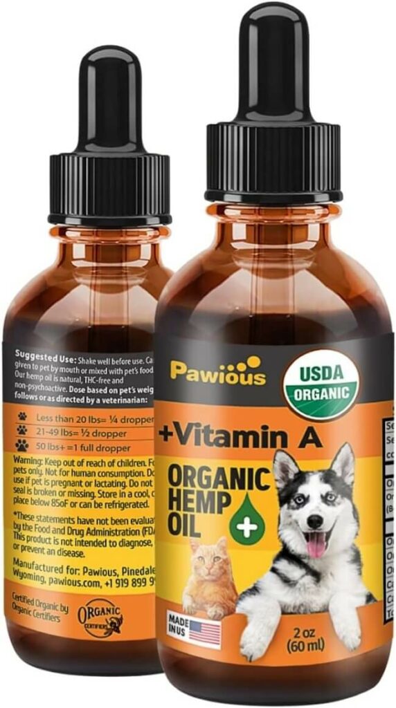 Pawious Hemp Oil - Dogs and Cats - USDA Organic - Omega 3, 6, and 9 - Vitamins A and E - Hip and Joint Support - Anxiety, Arthritis, Seizures Relief - Calming Aid.