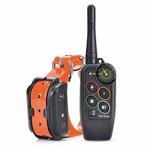 A PetSpy P620 Dog Training Shock Collar with remote control, featuring vibration, electric shock, and beep modes. The collar is rechargeable and waterproof, suitable for dogs weighing 10 to 140 lbs.