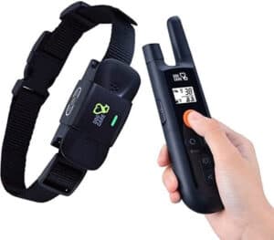 A DOG CARE Training Collar with remote control, featuring beep, vibration, and shock modes. The collar is waterproof.