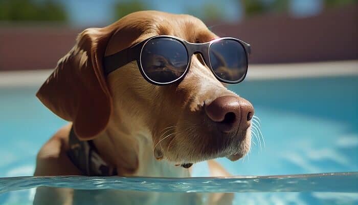 Dog swimming in pool with owner nearby, following safety precautions for pet's well-being during summer fun.