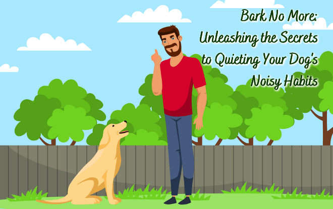 A person sitting with a calm dog represents the success of curbing noisy habits.