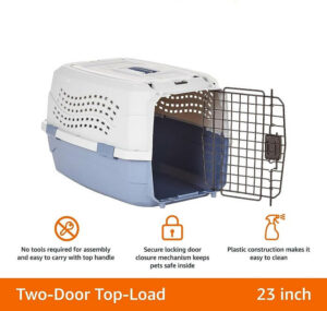 A gray and blue Amazon Basics 23-inch hard-sided pet travel carrier with two doors, designed for dogs and cats.