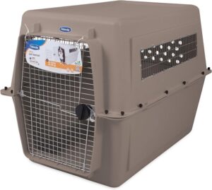 Petmate Ultra Vari Dog Kennel, 32-inch, suitable for medium dogs weighing 30 to 50 lbs, made with recycled materials, heavy-duty design, manufactured in the USA.