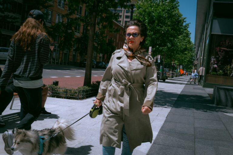 Owner walking dog city sidewalk leash