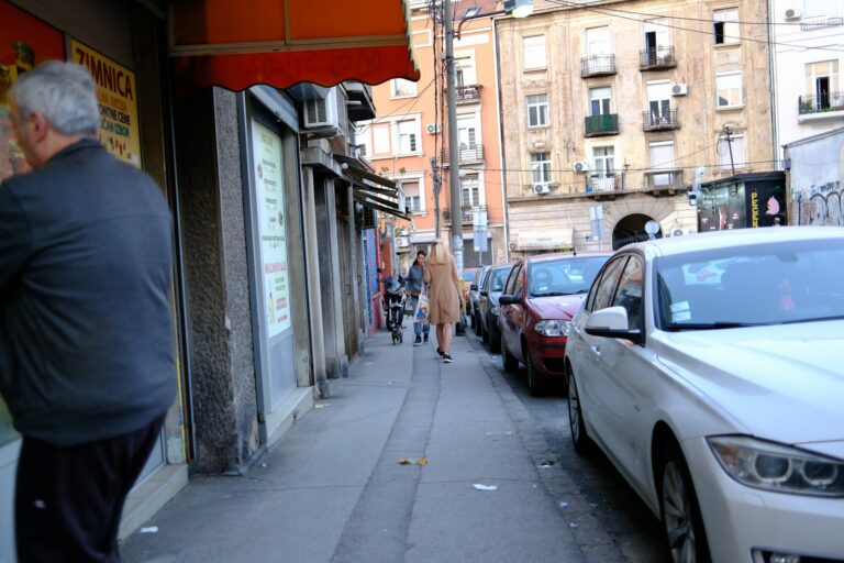 Person walking dog city sidewalk