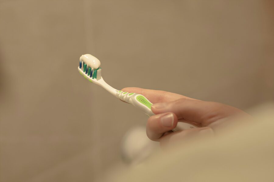 Dog tooth brushing toothbrush owner bathroom
