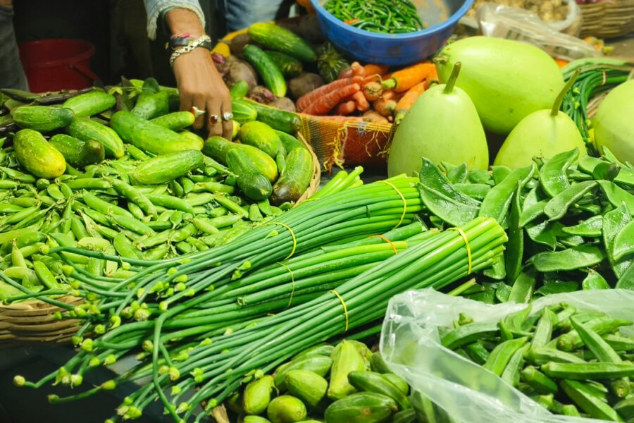 Dog owner sharing vegetables table