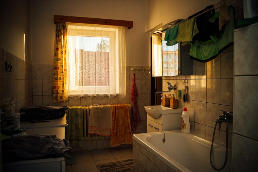Wet dog bath towel bathroom