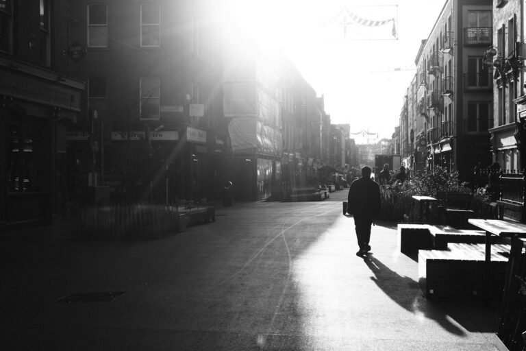 Owner walking dog morning sidewalk senior dog sleeping
