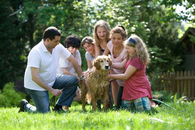 Family walking dog
