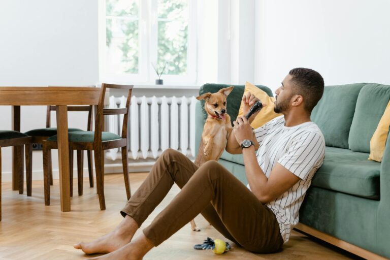 Dog owner playing nose work game living room