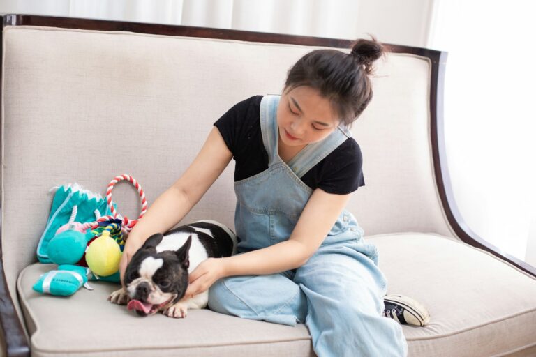 Worried owner comforting