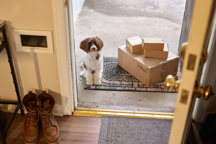 Dog sniffing cardboard